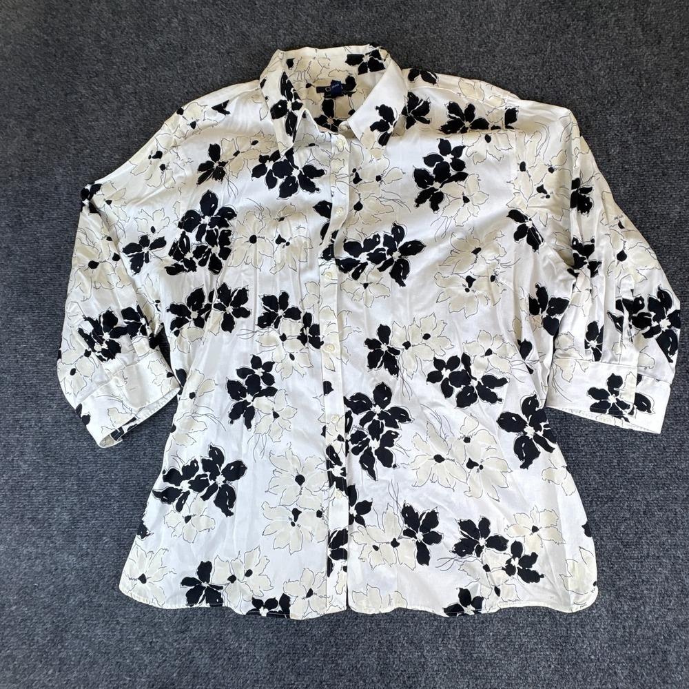 Chaps Shirt Womens 3X White Black Floral Cotton 3/4 Sleeve Button Up No Iron